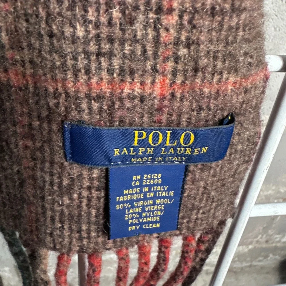 Polo Ralph Lauren Mens Red Plaid Wool Scarf Made in Italy Fringe Pony Logo 2388‎